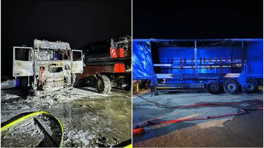 Nocny pożar ciężarówek i kombajnu zbożowego Nocny pożar ciężarówek i kombajnu zbożowego