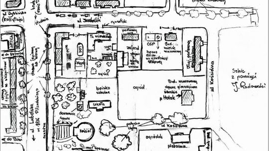 Apteka, bożnica, drzewo, dom, ogród, plebania. Przedwojenna mapa Puław rysowana z pamięci