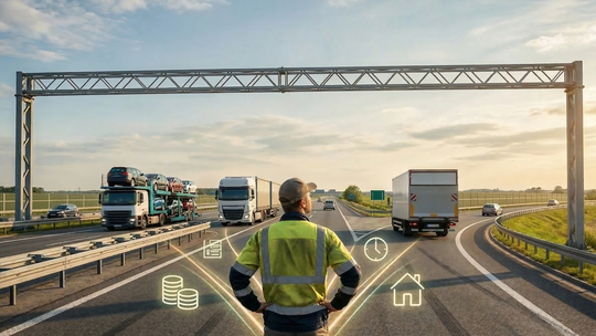 Kierowca w kamizelce odblaskowej stoi tyłem na rozwidleniu autostrady pod pustą bramą. Przed nim jadą autotransporter i solówka. Holograficzne ikony monet, zegara, domu i dokumentów symbolizują rozważanie opłacalności i warunków pracy na różnych typach pojazdów.