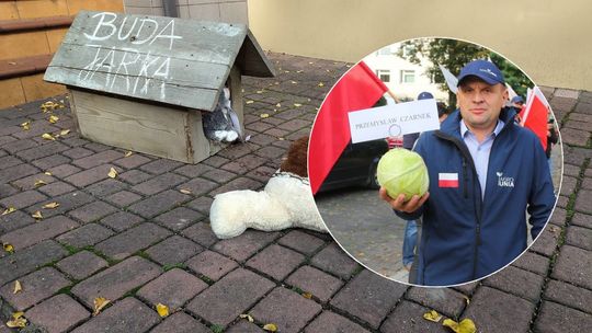 "Buda Jarka" przed biurem posła Przemysława Czarnka. I główka kapusty