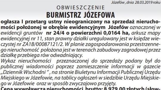 Burmistrz Józefowa ogłasza przetarg