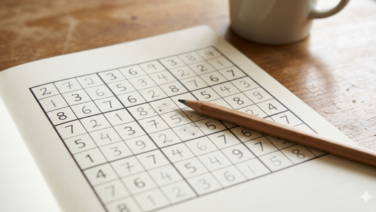 Zbliżenie na papierową planszę do sudoku leżącą na drewnianym stole, z ołówkiem opartym o siatkę z cyframi. W tle widoczny rozmyty jasny kubek.
