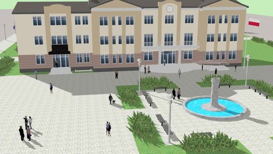 Głusk: Plac z fontanną przed nową siedzibą Urzędu Gminy