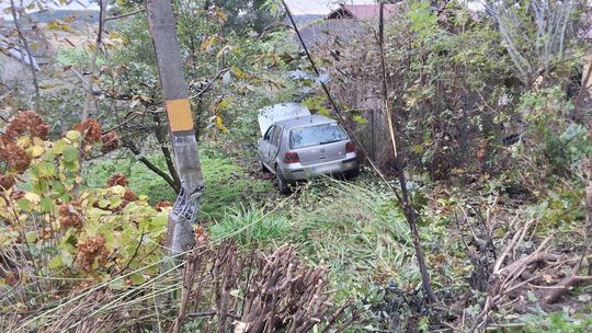 Golf skasował słup i wpadł w krzaki