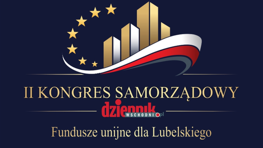Logo II Kongresu Samorządowego Dziennika Wschodniego dotyczącego funduszy unijnych dla Lubelskiego – grafika z gwiazdami UE, nowoczesnymi budynkami i biało-czerwonym motywem na granatowym tle.