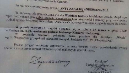 Jeszcze jeden gest dyrektora Klucznika. Teatr Andersena daje anty-nagrodę