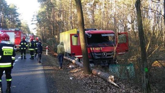 Kierowca zasnął, ciężarówka wjechała do rowu i uderzyła w drzewo