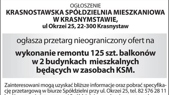 Krasnostawska Spółdzielnia Mieszkaniowa ogłasza przetarg na remont 125 balkonów