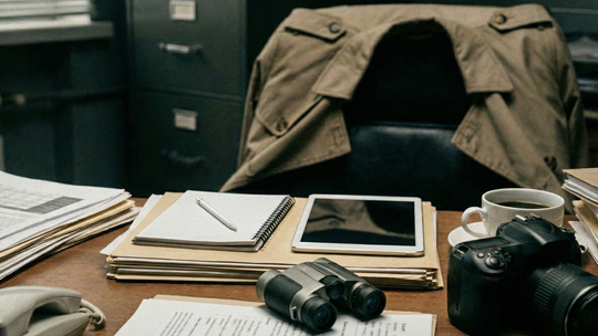 Biurko w biurze detektywistycznym: profesjonalny aparat, lornetka, tablet i stosy akt sprawy.