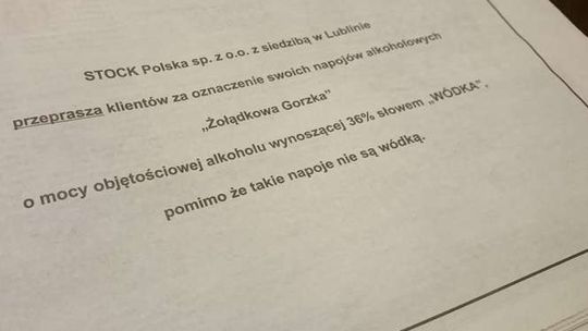 Lubelski Stock musi przepraszać klientów za "wódkę Żołądkową Gorzką"