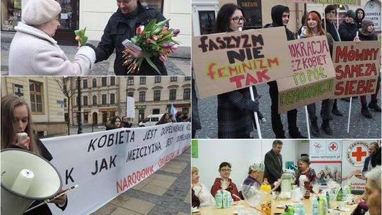 Manifestacje narodowców i partii Razem. Kwiaty od KOD, upominki od PCK