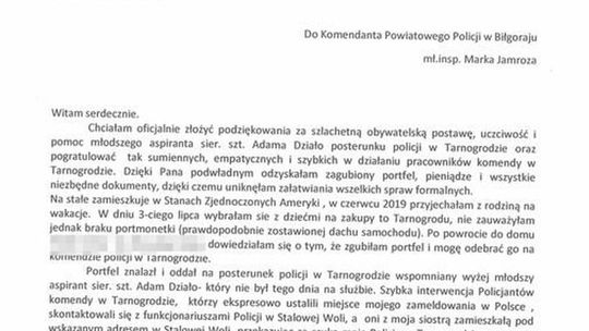 Mieszkanka New Jersey w USA dziękuje policjantom z Tarnogrodu