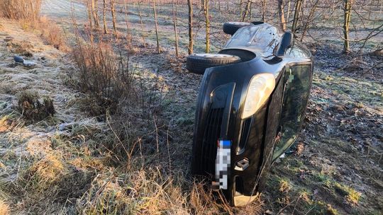 Na drogach nadal ślisko. Renault pokoziołkował na pobocze