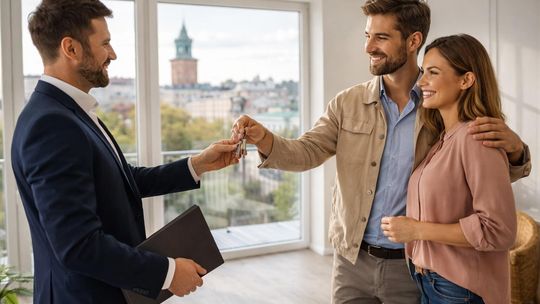 Agent nieruchomości wręcza klucze do nowego mieszkania uśmiechniętej parze w jasnym wnętrzu, w tle panorama Lublina za oknem.