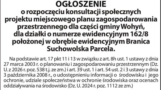 OGŁOSZENIE o rozpoczęciu konsultacji społecznych projektu