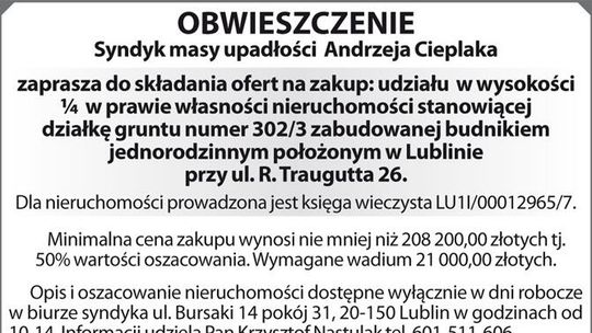 Ogłoszenie Syndyka Masy Upadłości Andrzeja Cieplaka Ogłoszenie Syndyka Masy Upadłości Andrzeja Cieplaka
