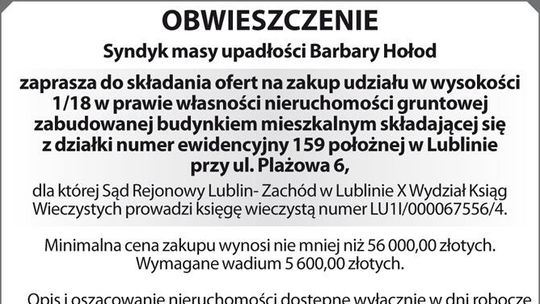 Ogłoszenie Syndyka Masy Upadłości Barbary Hołod Ogłoszenie Syndyka Masy Upadłości Barbary Hołod