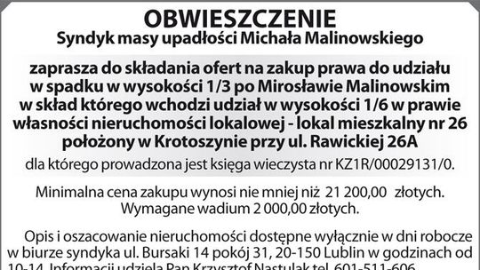 Ogłoszenie Syndyka Masy Upadłości Michała Malinowskiego Ogłoszenie Syndyka Masy Upadłości Michała Malinowskiego