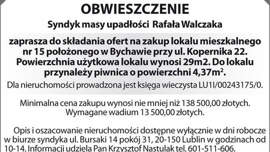 Ogłoszenie Syndyka Masy Upadłości Rafała Walczaka Ogłoszenie Syndyka Masy Upadłości Rafała Walczaka