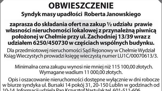 Ogłoszenie Syndyka Masy Upadłości Roberta Janowskiego