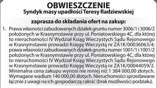 Ogłoszenie Syndyka Masy Upadłości Teresy Radziszewskiej Ogłoszenie Syndyka Masy Upadłości Teresy Radziszewskiej