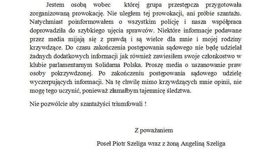 Oświadczenie posła Szeligi: "Nie uległem prowokacji, ani próbie szantażu"