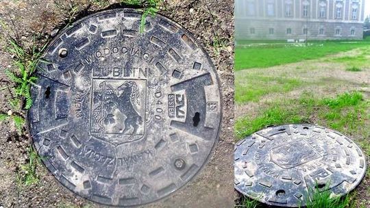 Park Książęcy w Żaganiu z lubelskim akcentem. Herb Lublina na deklach kanalizacyjnych