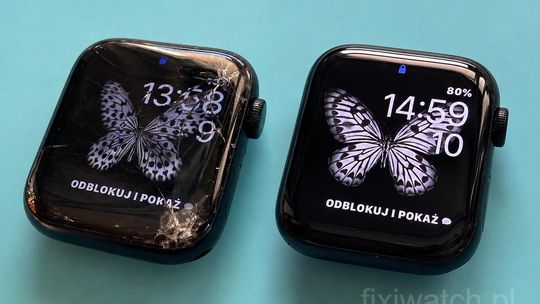 Pęknięta szybka Apple Watch przed i po naprawie