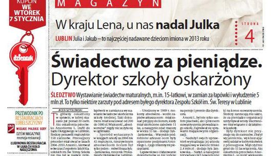 Pierwsza strona Dziennika Wschodniego, wydanie z 3 stycznia 2014 roku