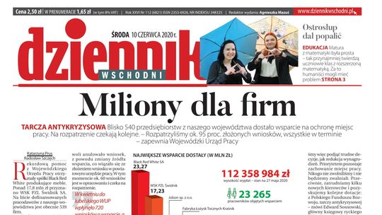 Pierwsza strona Dziennika Wschodniego z 10 czerwca 2020 r.