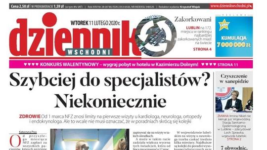 Pierwsza strona Dziennika Wschodniego z 11 lutego 2020 r.