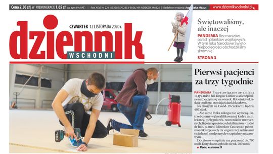 Pierwsza strona Dziennika Wschodniego z 12 listopada 2020 r. 