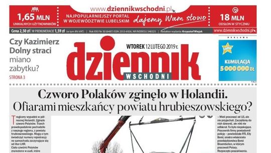 Pierwsza strona Dziennika Wschodniego z 12 lutego 2019 r.