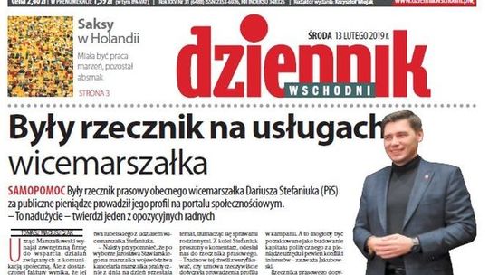 Pierwsza strona Dziennika Wschodniego z 13 lutego 2019 roku