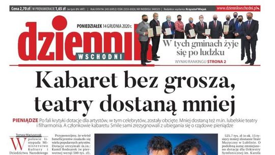 Pierwsza strona Dziennika Wschodniego z 14 grudnia 2020 r.