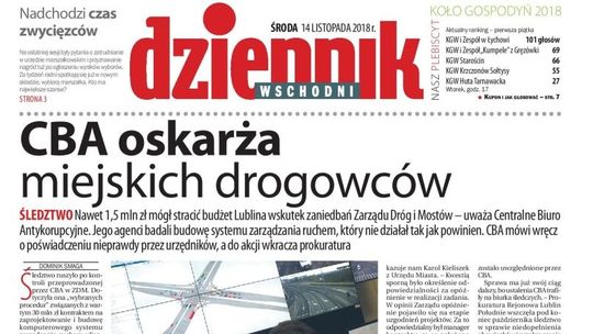 Pierwsza strona Dziennika Wschodniego z 14 listopada 2018 r.