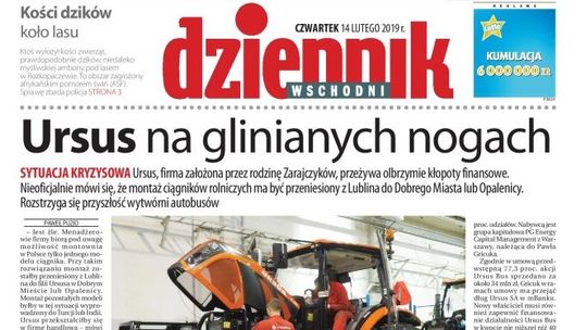 Pierwsza strona Dziennika Wschodniego z 14 lutego 2019 r.