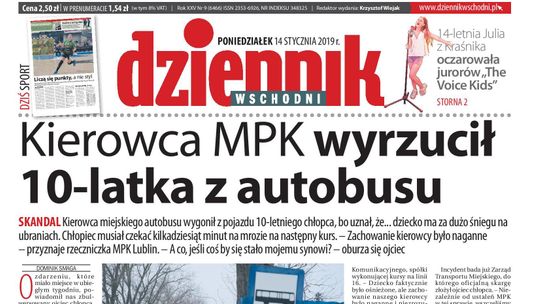 Pierwsza strona Dziennika Wschodniego z 14 stycznia 2019 r.