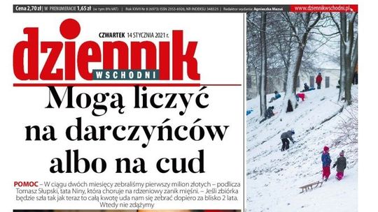 Pierwsza strona Dziennika Wschodniego z 14 stycznia 2021 r.