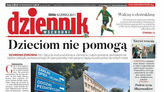 Pierwsza strona Dziennika Wschodniego z 16 czerwca 2021 roku