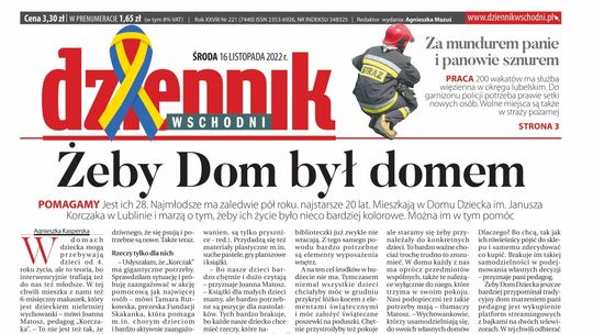  Pierwsza strona Dziennika Wschodniego z 16 listopada 2022 r. 