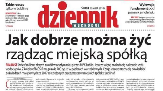 Pierwsza strona Dziennika Wschodniego z 16 maja 2018 r.