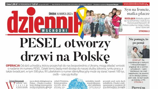 Pierwsza strona Dziennika Wschodniego z 16 marca 2022 roku