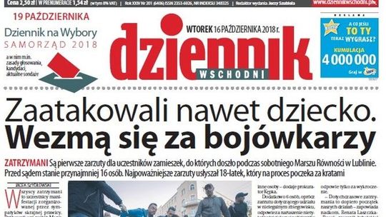 Pierwsza strona Dziennika Wschodniego z 16 października 2018 roku