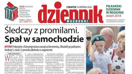 Pierwsza strona Dziennika Wschodniego z 16 sierpnia 2018 r.