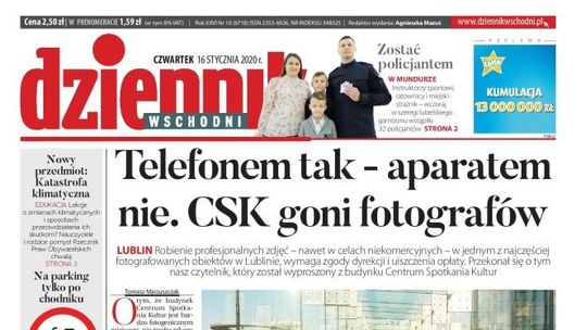 Pierwsza strona Dziennika Wschodniego z 16 stycznia 2020 r.