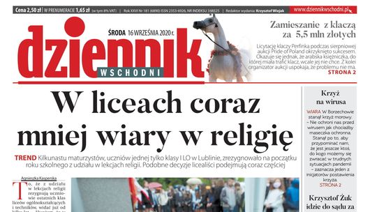 Pierwsza strona Dziennika Wschodniego z 16 września 2020 roku