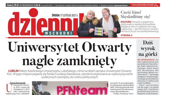 Pierwsza strona Dziennika Wschodniego z 17 lutego 2021 r.