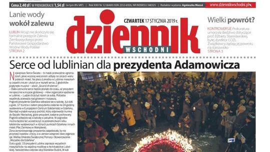 Pierwsza strona Dziennika Wschodniego z 17 stycznia 2019 r.