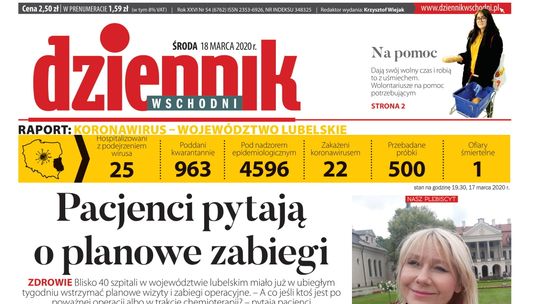 Pierwsza strona Dziennika Wschodniego z 18 marca 2020 r.
